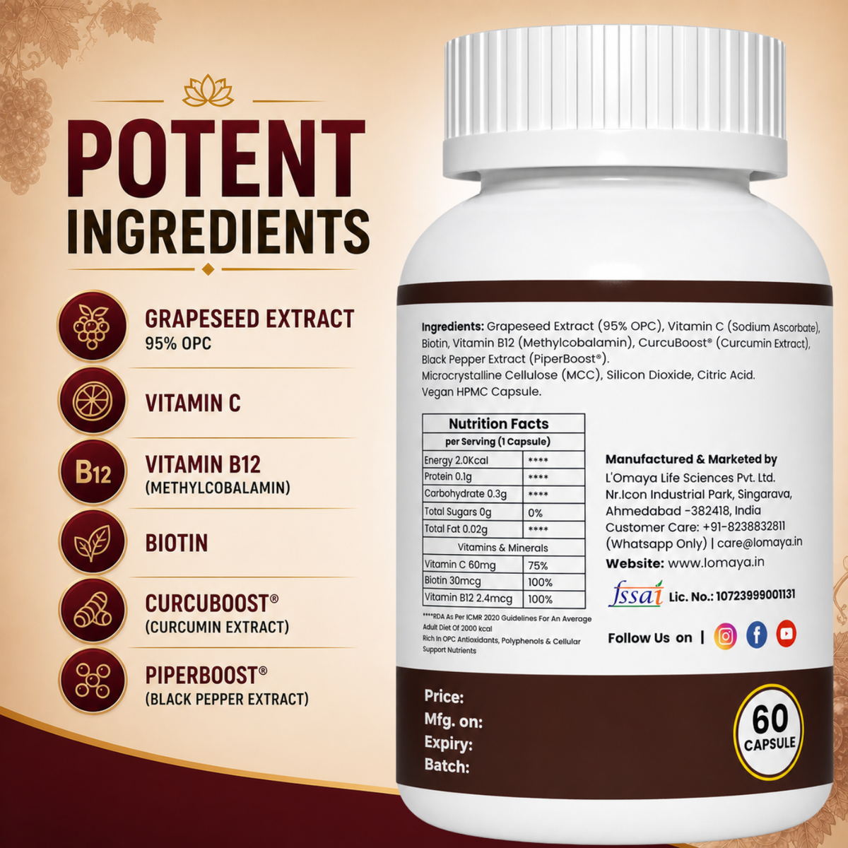 GrapC12 - Grape Seed & Vitamin B12 Supplement for Energy
